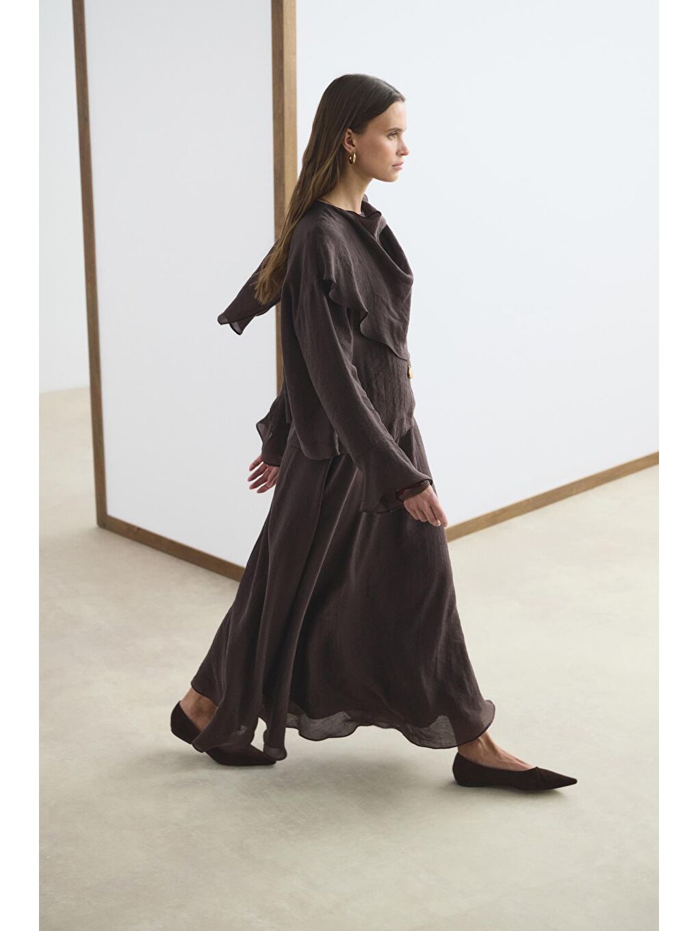 Kahverengi Şal Yaka Gömlek Etek Takım Acı Kahve-4