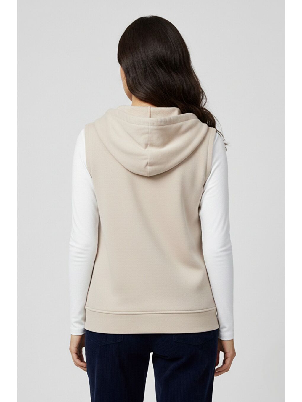 Bej Kadın Sıfır Kol Kapüşonlu Hırka ve Uzun Kollu Tişört Takımı-3
