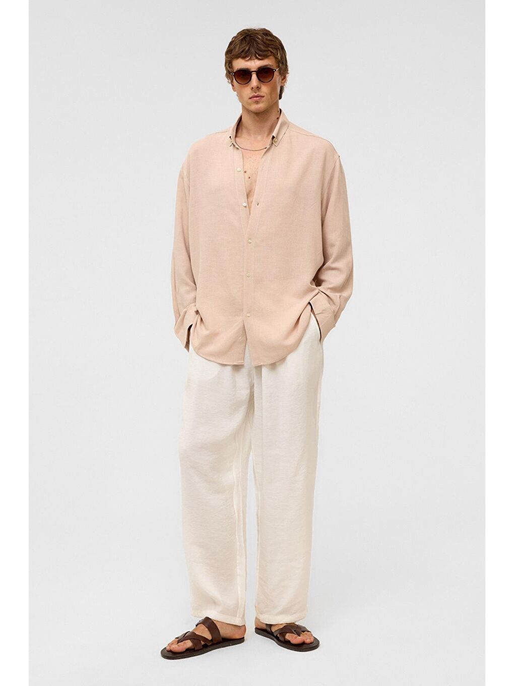 Oversize Uzun Kollu Keten Gömlek Bej-1