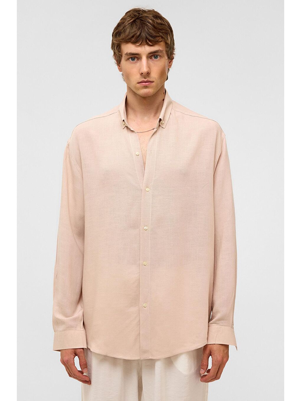 Oversize Uzun Kollu Keten Gömlek Bej-2