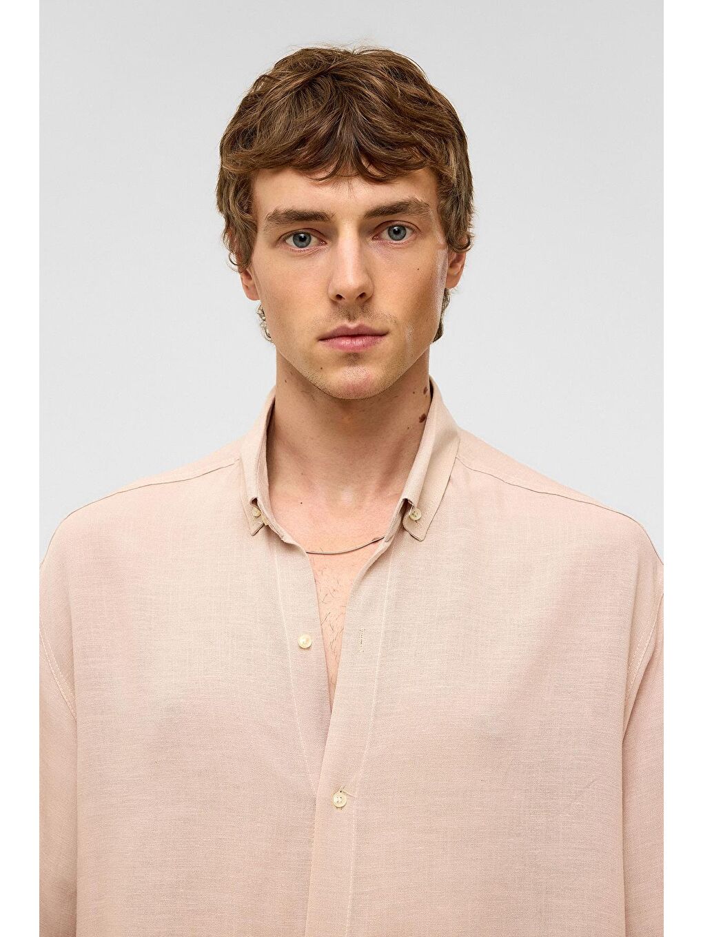 Oversize Uzun Kollu Keten Gömlek Bej-3