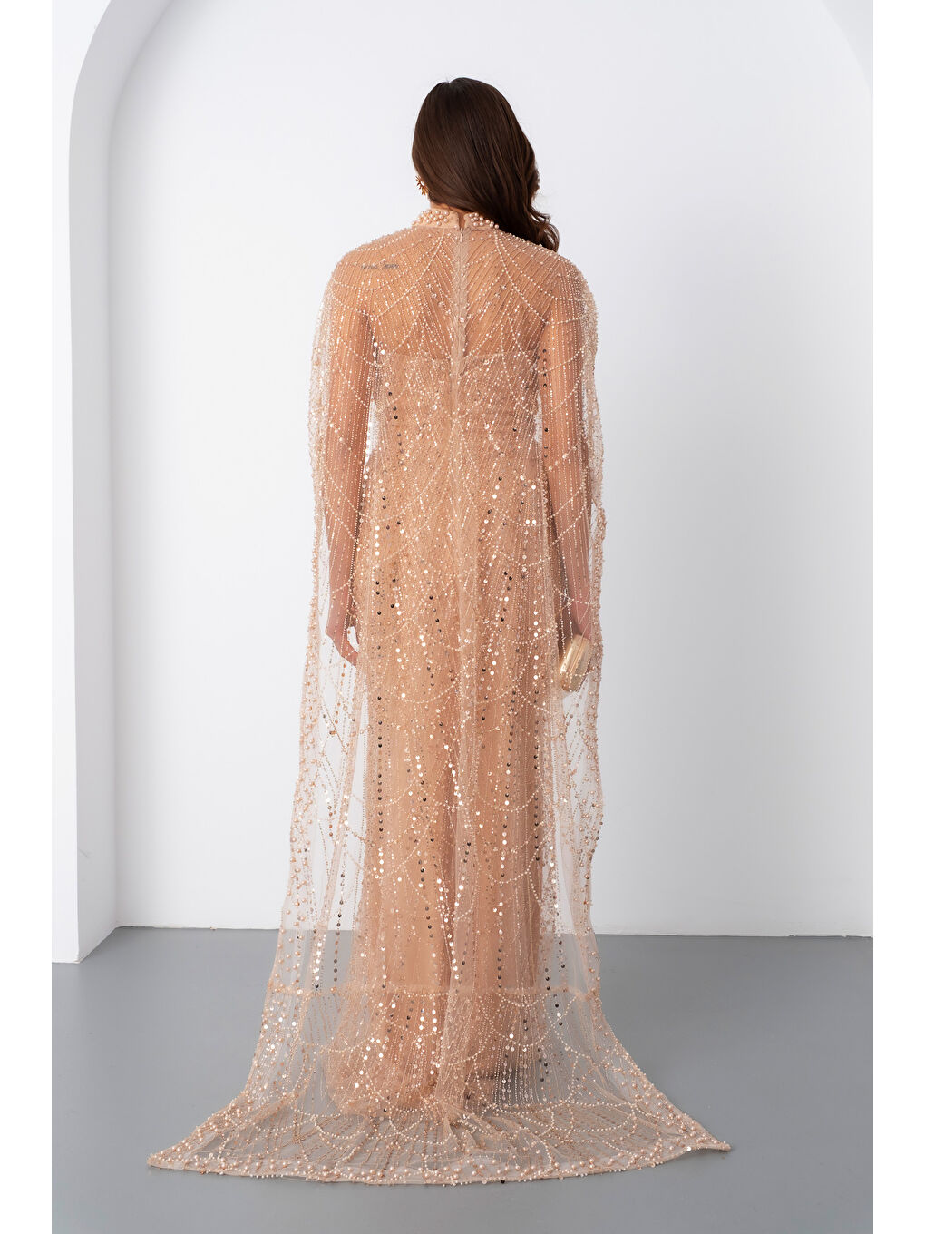 Sarı Kadın Gold Straplez Uzun Şal Detay Boncuklu Söz Nişan Abiye-5