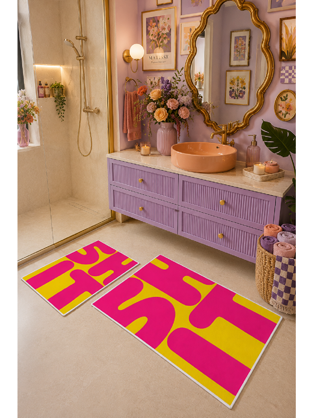 Neon Fuşya Sarı Soyut Tipografik Banyo Paspası 2’li Set-5