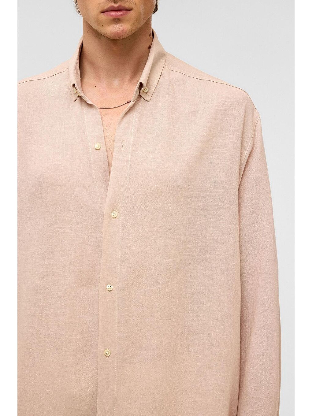 Oversize Uzun Kollu Keten Gömlek Bej-4