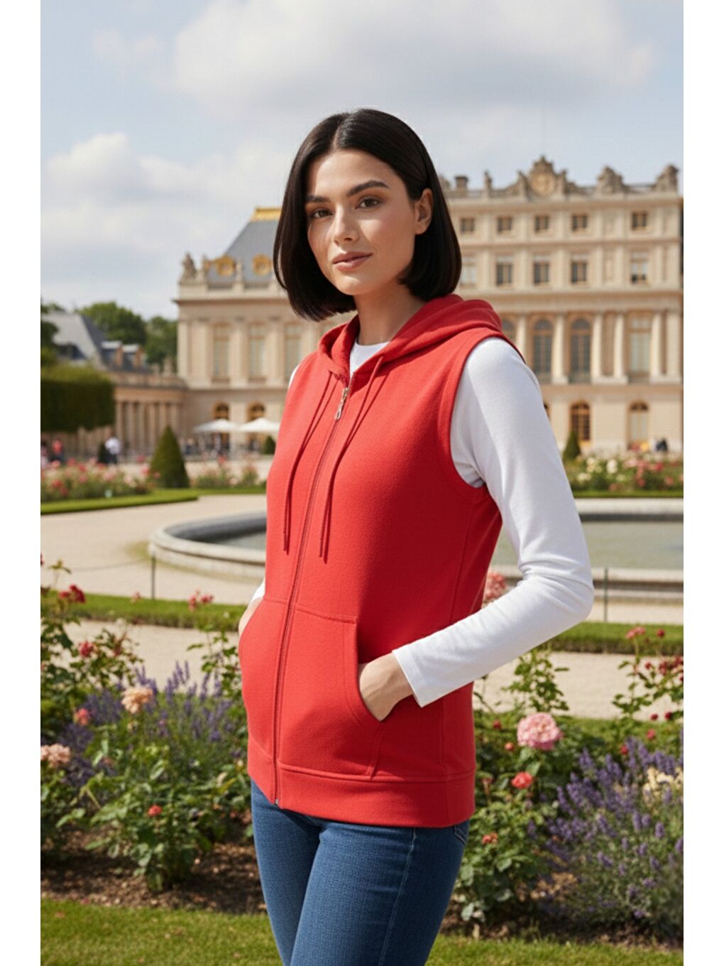 Kırmızı Kadın Sıfır Kol Kapüşonlu Hırka ve Uzun Kollu Tişört Takımı