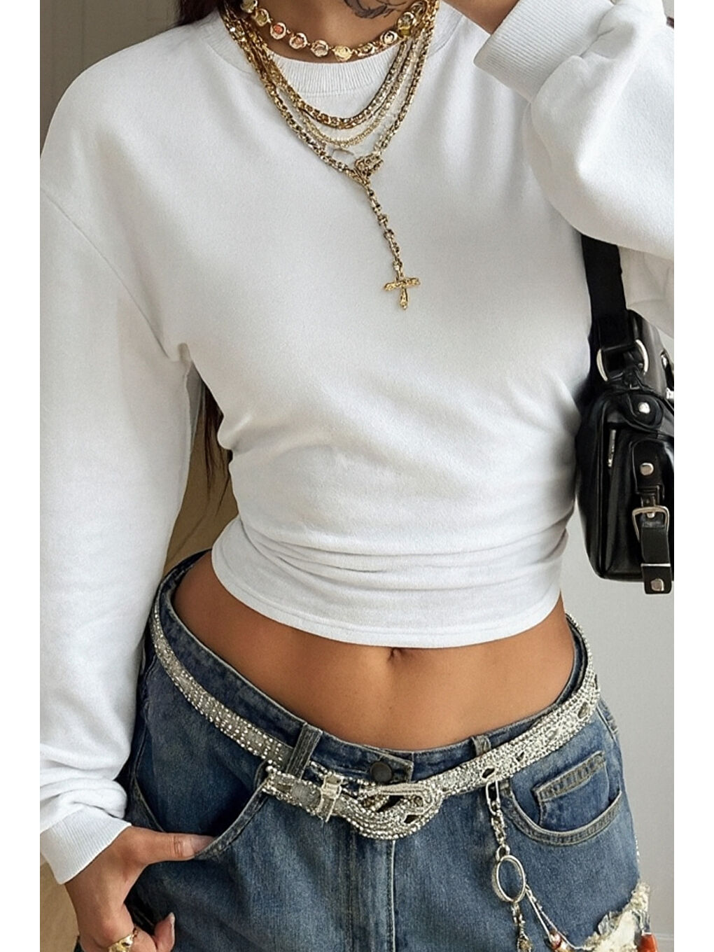 Kadın Beyaz Bisiklet Yaka Belden Oturtmalı Tasarım Sweatshirt-2