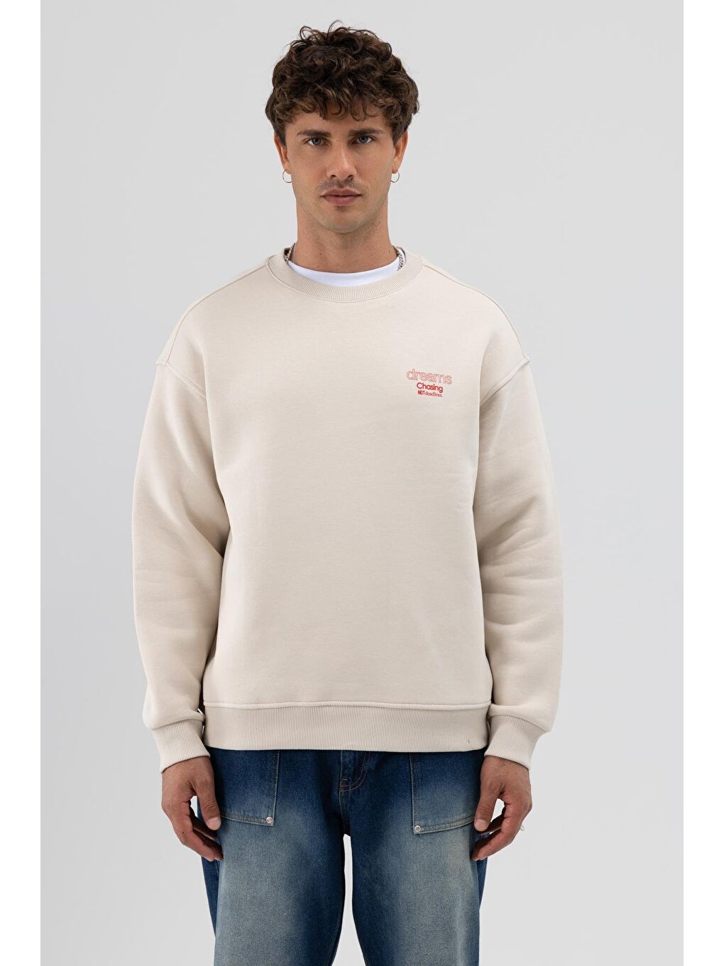 Bej Oversize Bisiklet Yaka Baskılı Sweatshirt Taş