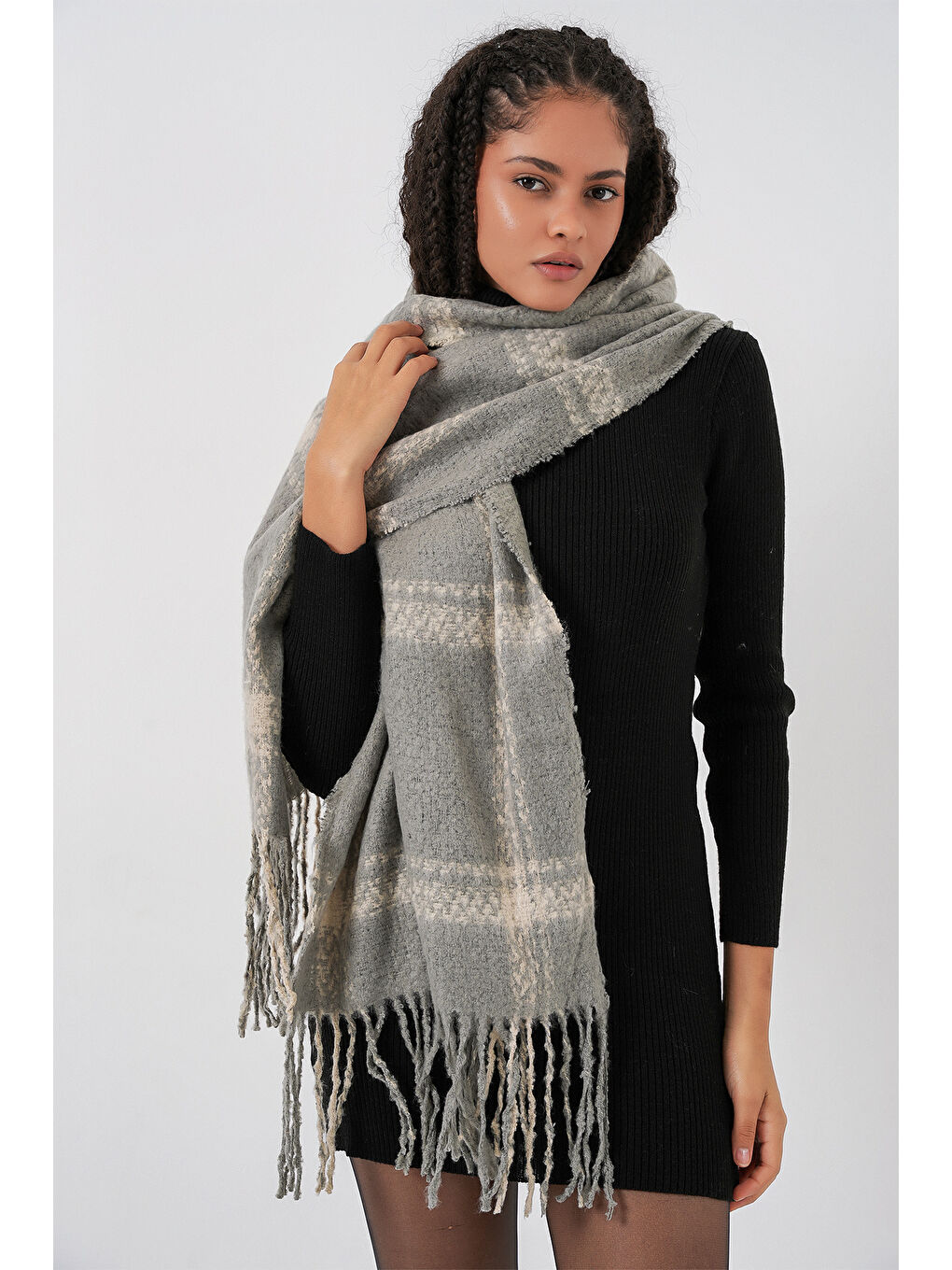 Kadın Yumuşak Dokulu Kalın Şal Atkı 15951 - F.Gri-5