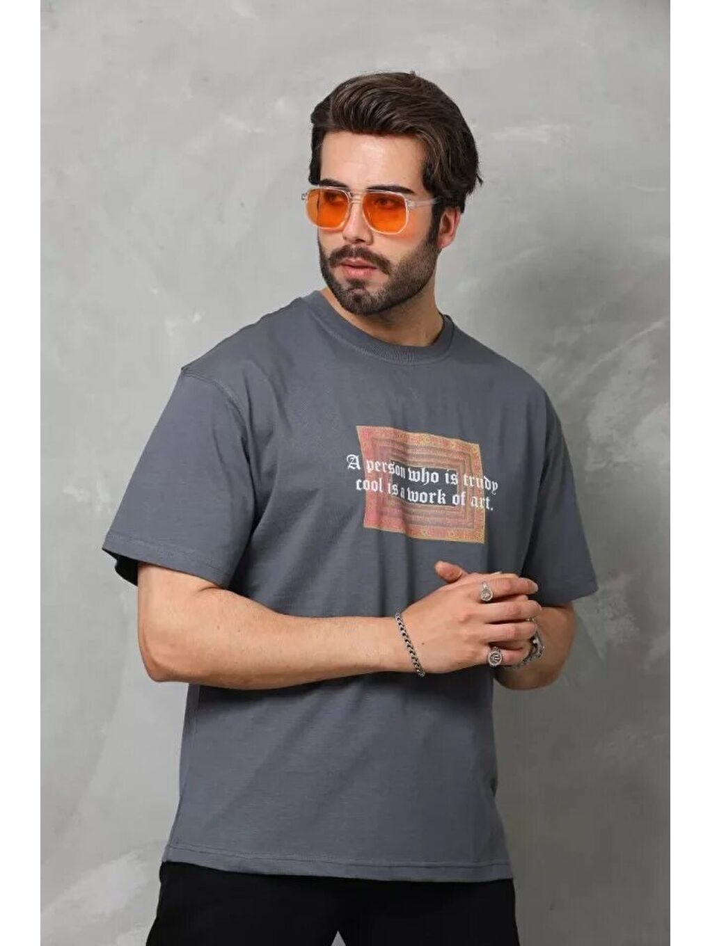 Gri Unisex Bisiklet Yaka Baskılı Oversize T-Shirt - Füme-3