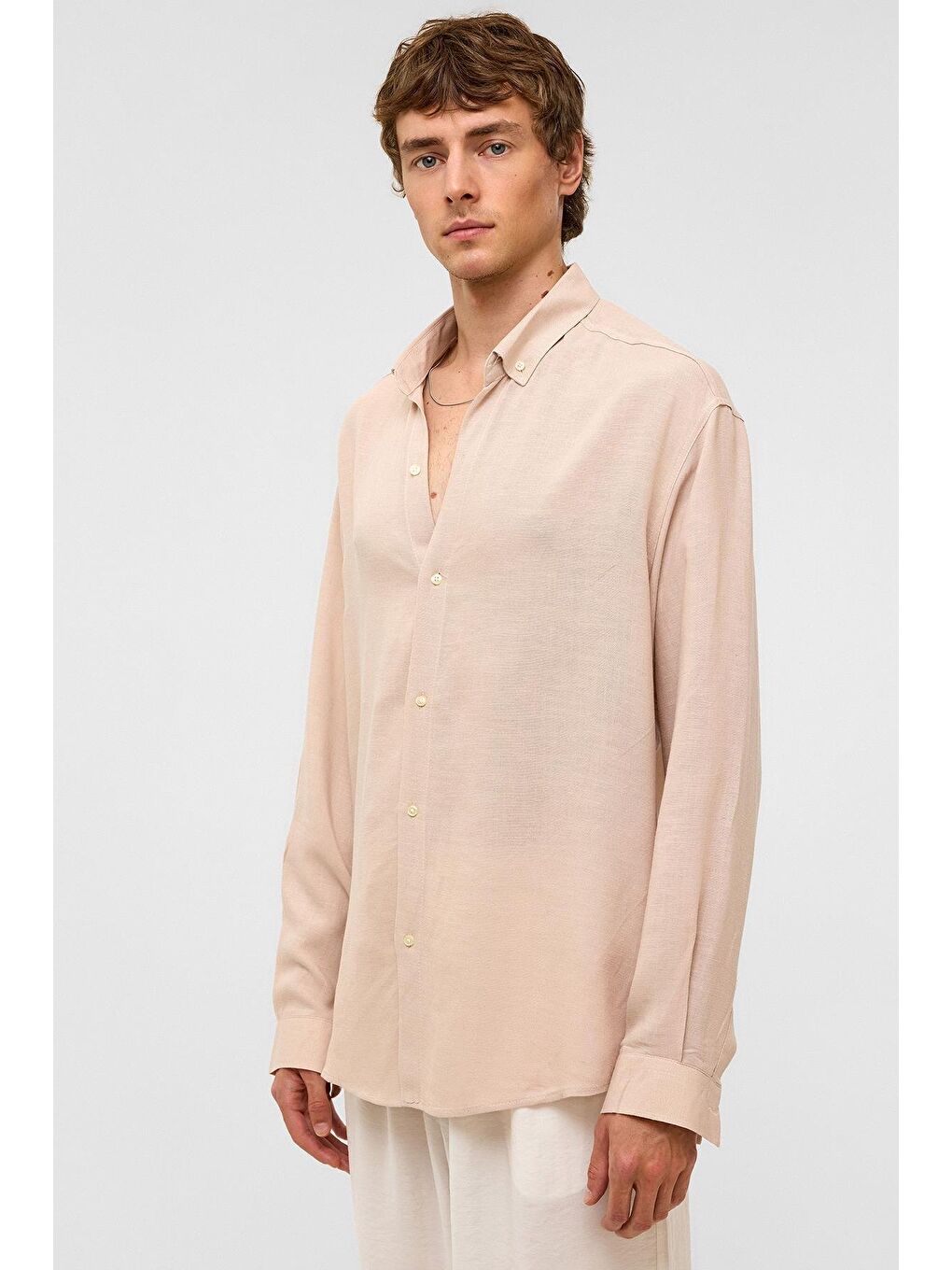 Oversize Uzun Kollu Keten Gömlek Bej-6