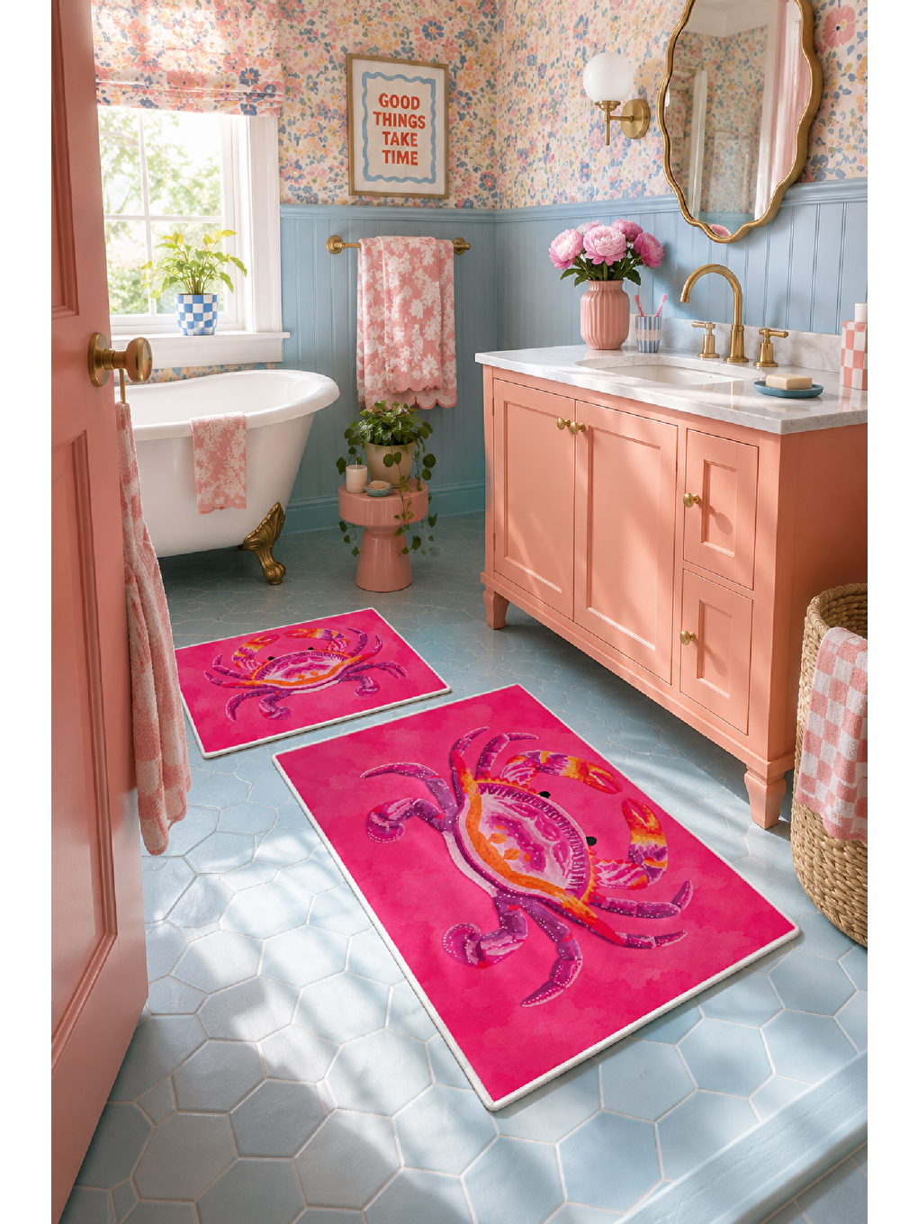 Fuşya Yengeç Desenli Kaymaz Taban Banyo Paspası 2’li Set-4