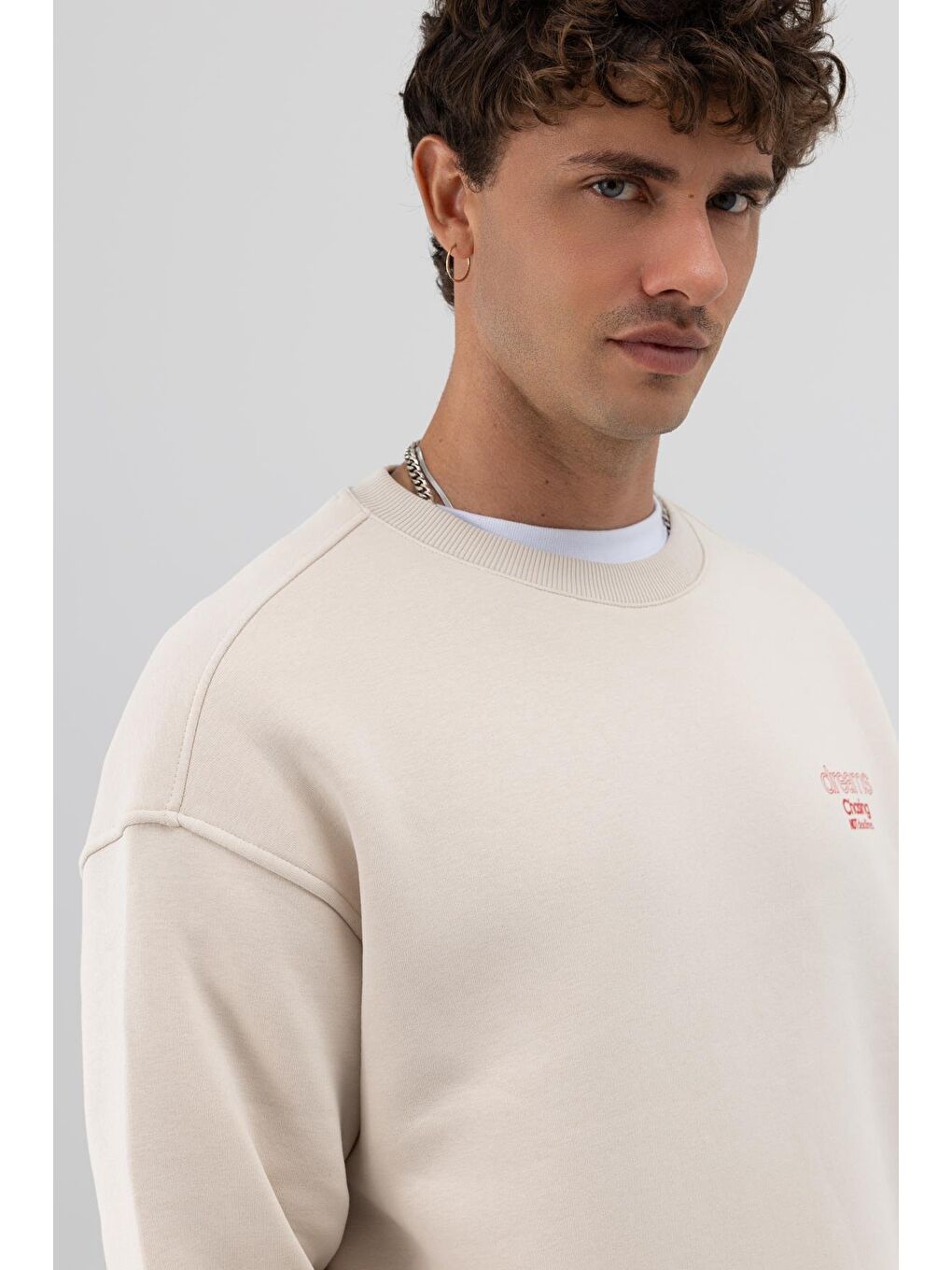 Bej Oversize Bisiklet Yaka Baskılı Sweatshirt Taş-1