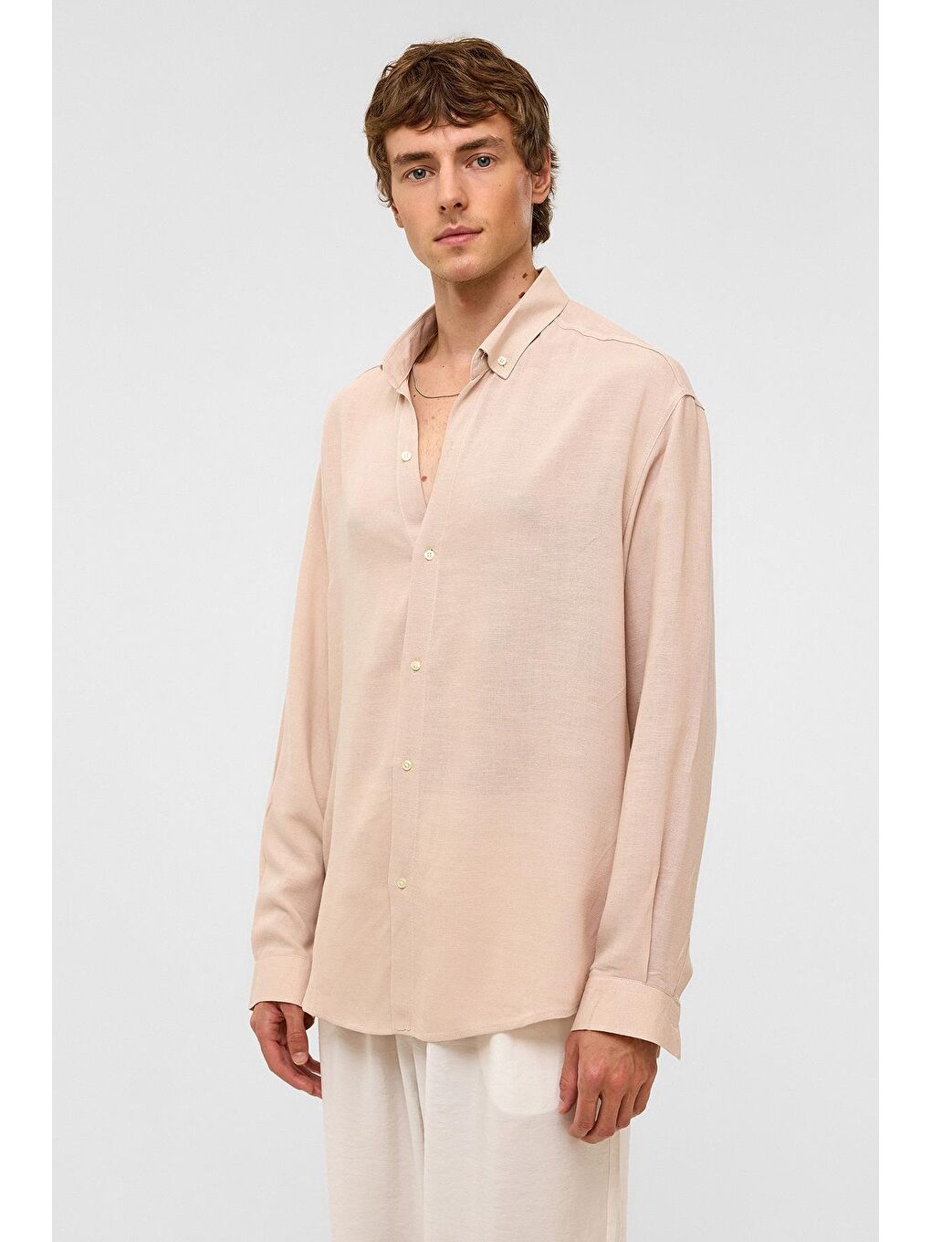 Oversize Uzun Kollu Keten Gömlek Bej-7