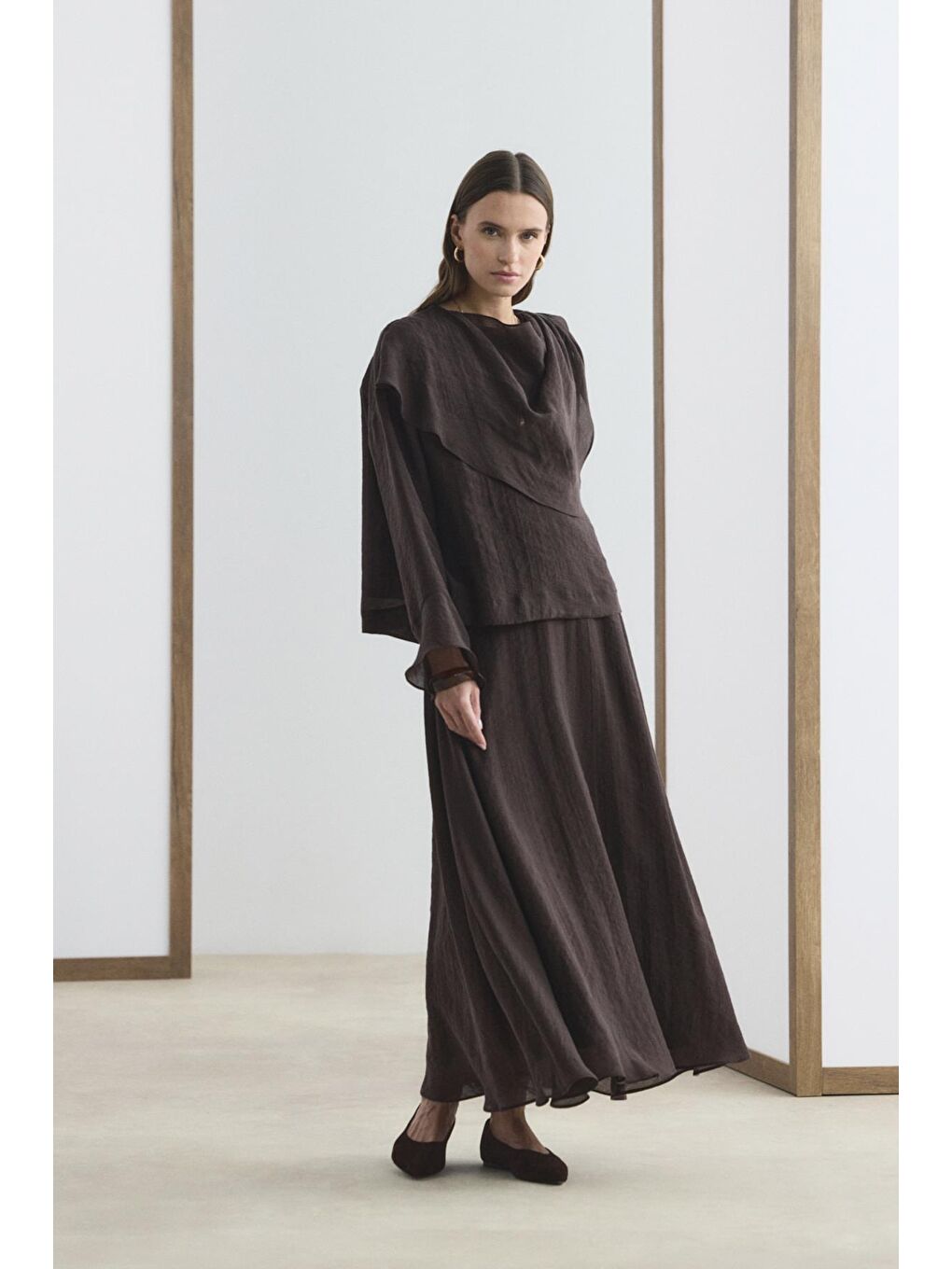 Kahverengi Şal Yaka Gömlek Etek Takım Acı Kahve-5