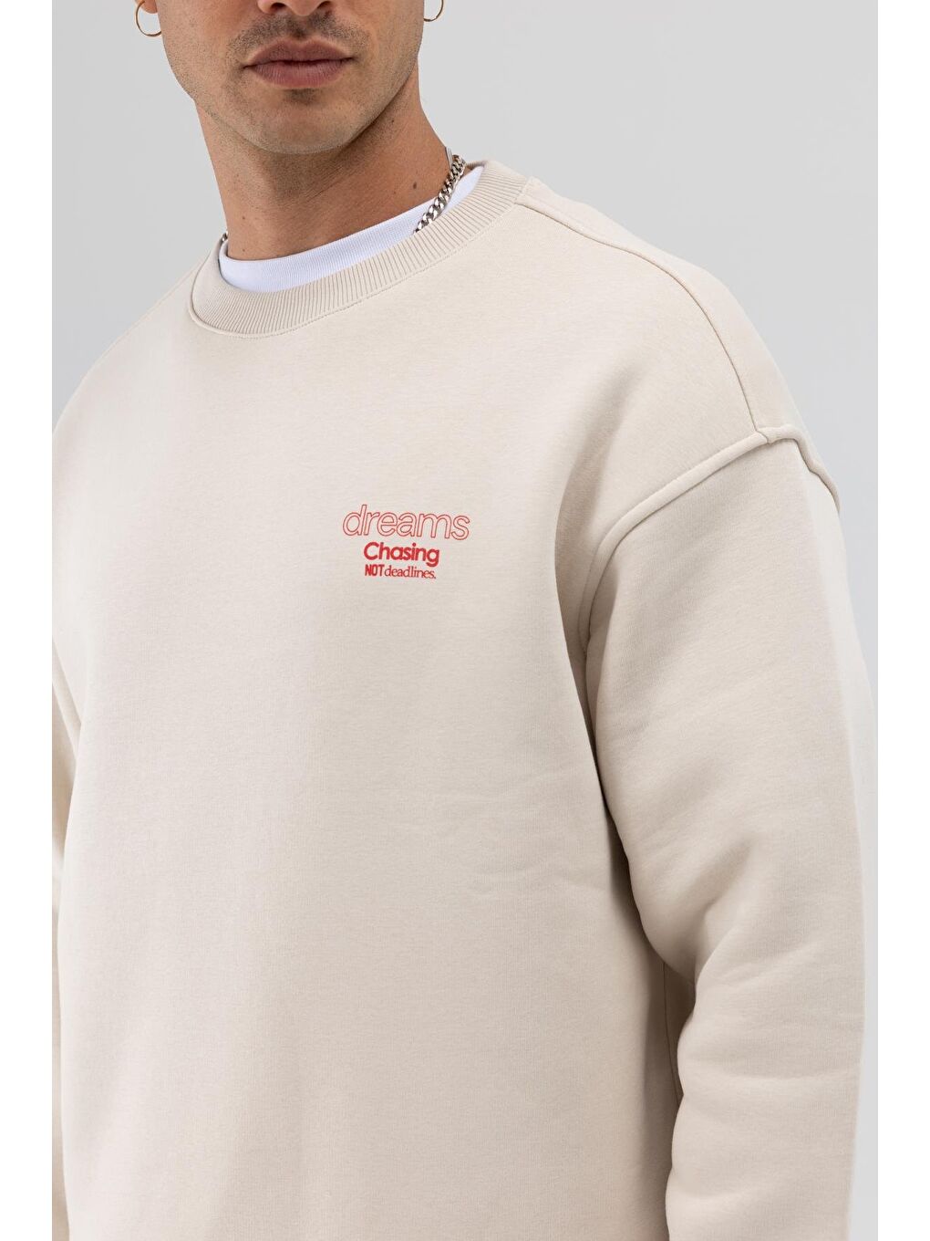 Bej Oversize Bisiklet Yaka Baskılı Sweatshirt Taş-2