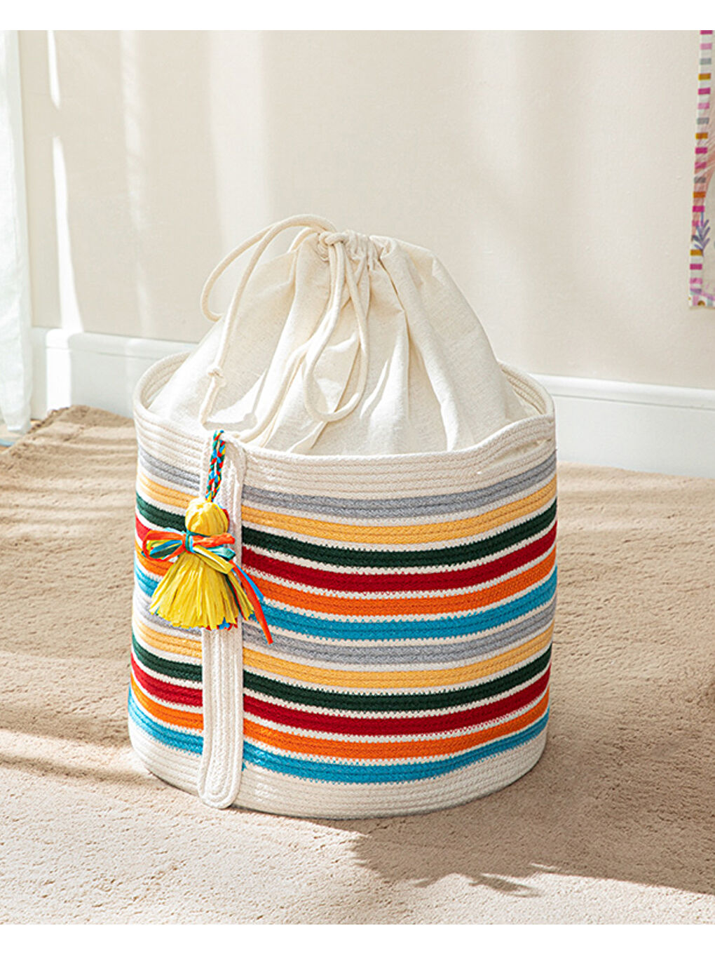 Beyaz Çizgili Sepet Örgü Pamuk Oyuncak Sepeti Multicolor-1