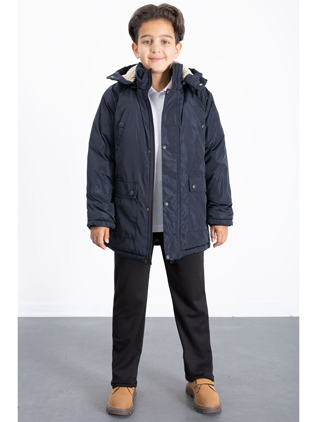 Lacivert İçi Kürklü Çıkarılabilir Kapüşonlu Basic Erkek Çocuk Şişme Mont 21436-2