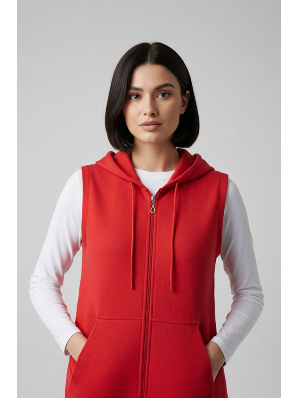 Kırmızı Kadın Sıfır Kol Kapüşonlu Hırka ve Uzun Kollu Tişört Takımı-1