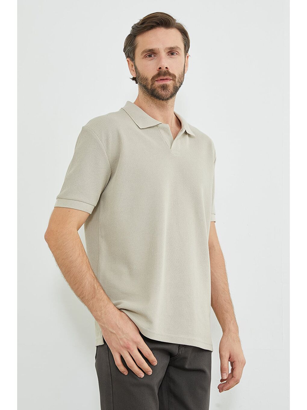 Bej Fitilli Polo Yaka Triko Tişört-1