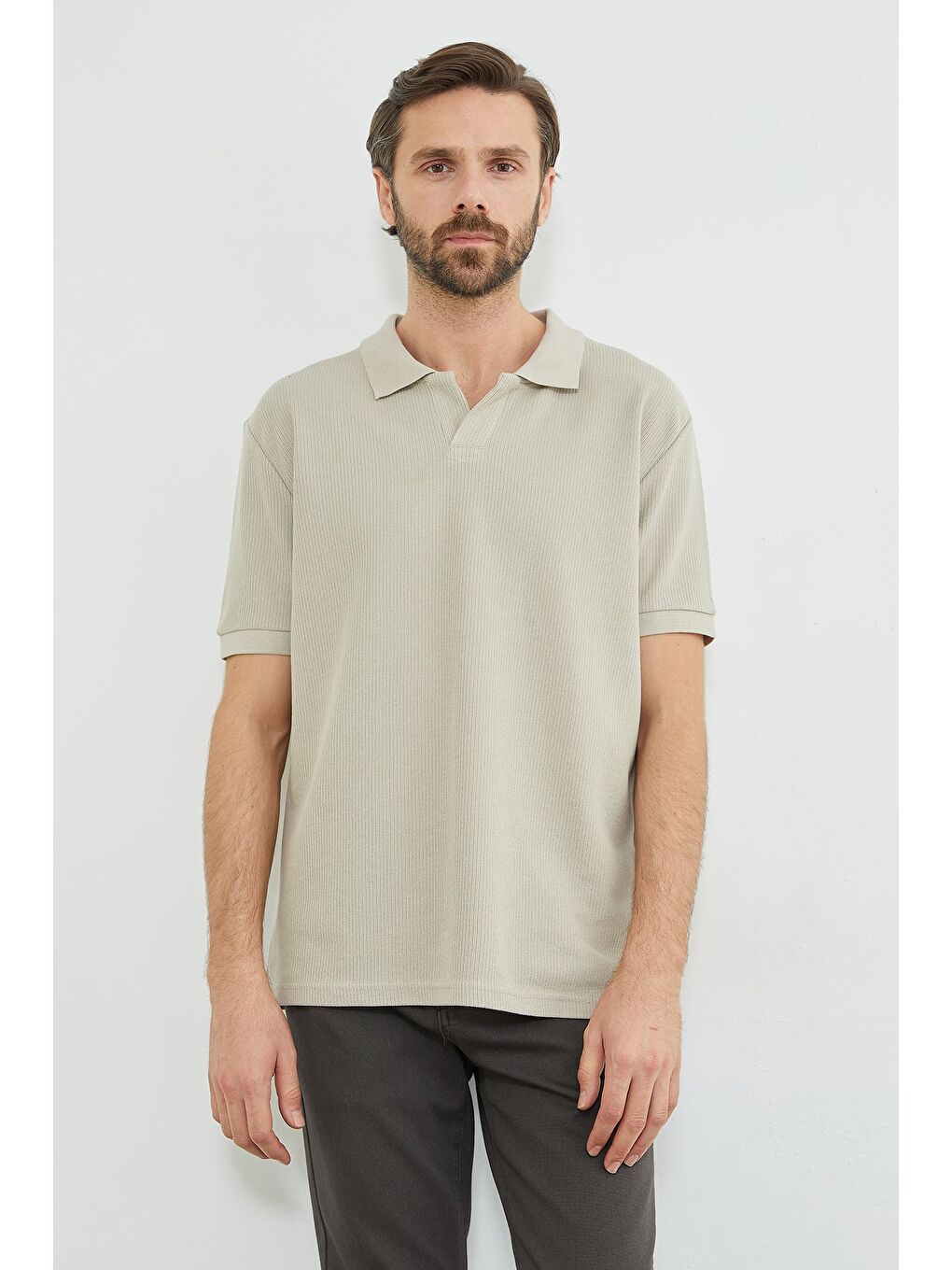 Bej Fitilli Polo Yaka Triko Tişört-2