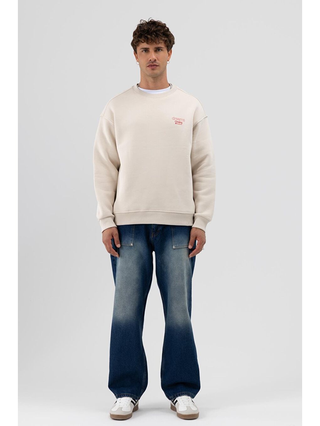 Bej Oversize Bisiklet Yaka Baskılı Sweatshirt Taş-5