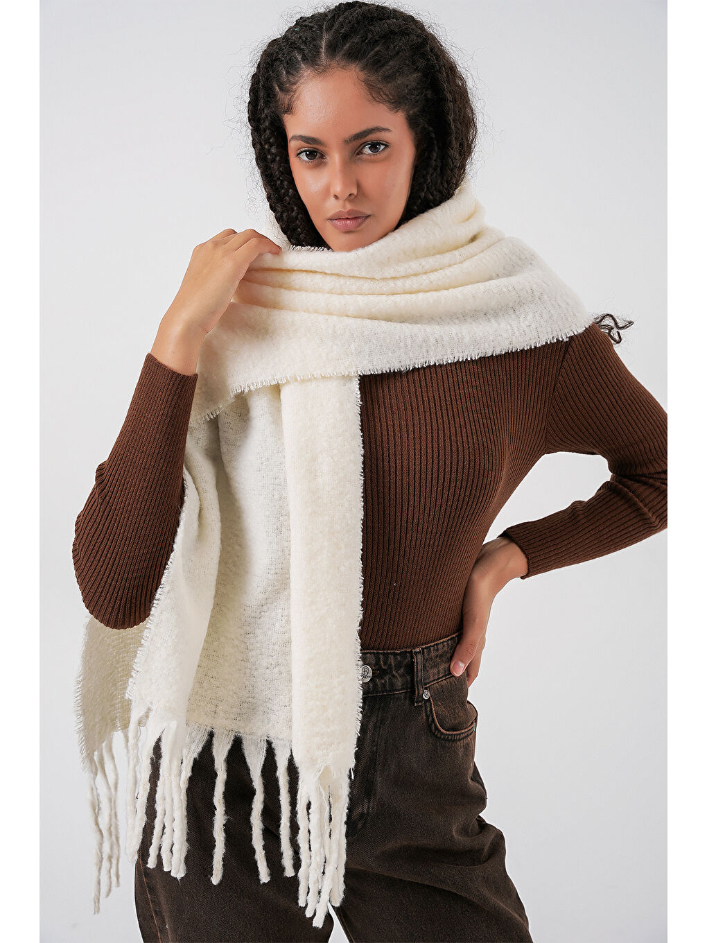 Kadın Yumuşak Dokulu Kalın Şal Atkı 15951 - Ekru-1