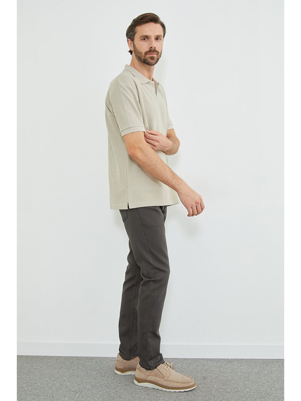 Bej Fitilli Polo Yaka Triko Tişört-3