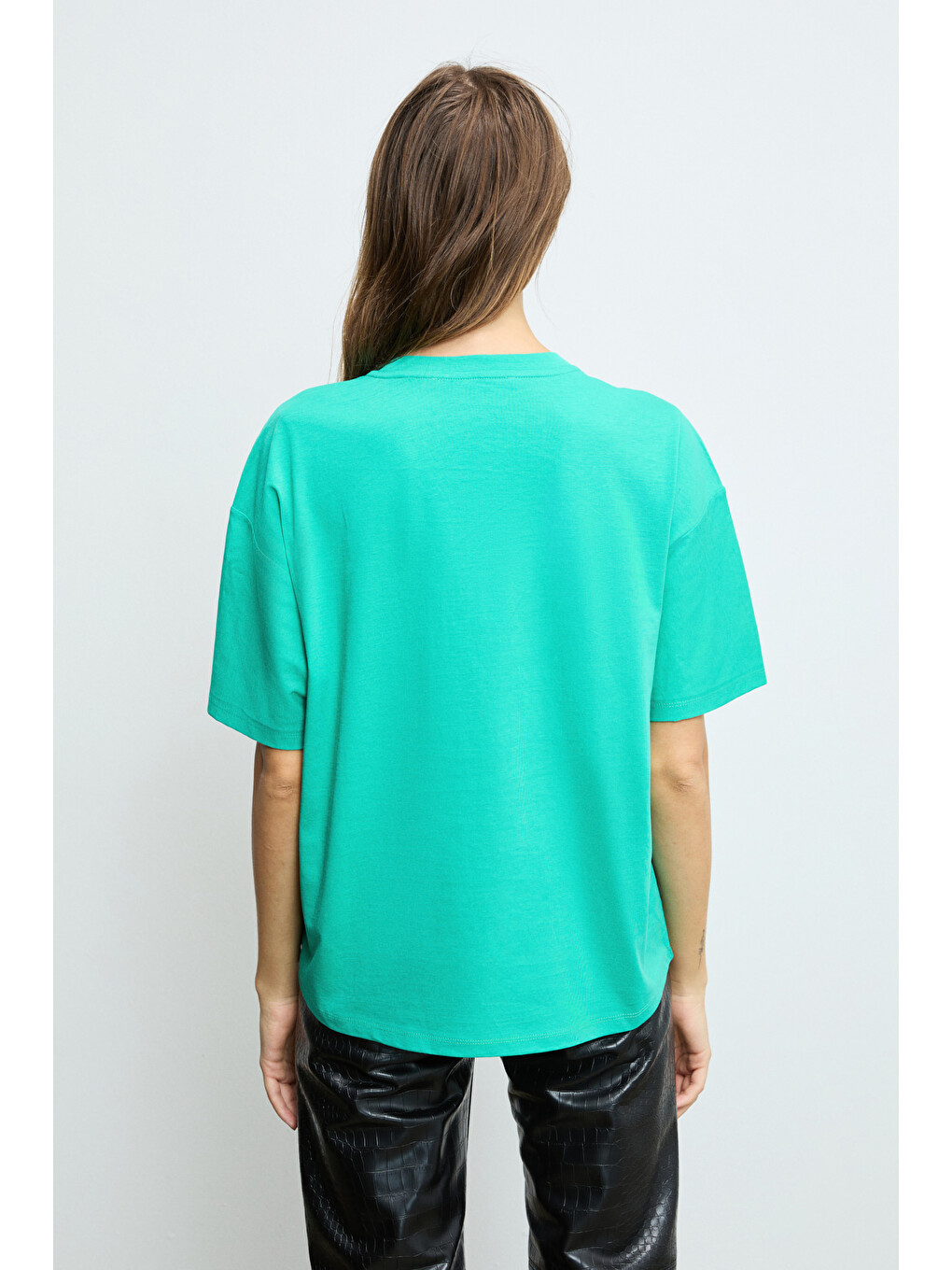 Yeşil LAGERTHA Kadın %100 organik Pamuklu Kalın Dokulu Oversize Fit Yuvarlak Yakalı YEŞİL T-Shirt-5