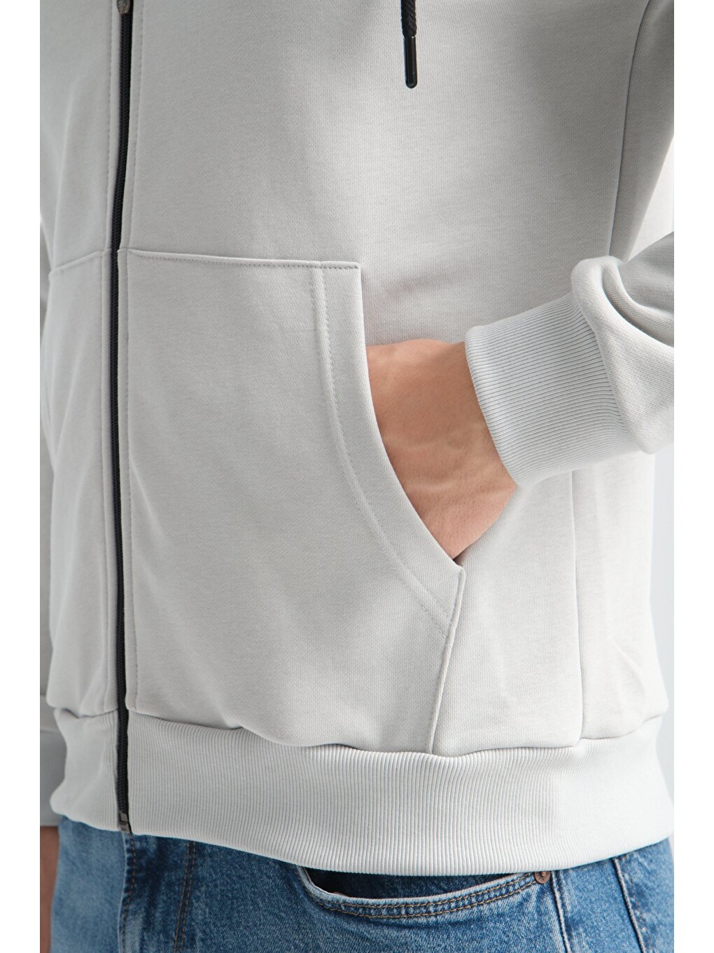 Bej Taş Erkek Üç İplik Şardonsuz Fermuarlı Kapüşonlu Sweatshirt-5