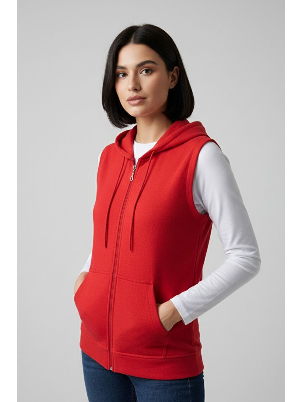 Kırmızı Kadın Sıfır Kol Kapüşonlu Hırka ve Uzun Kollu Tişört Takımı-2