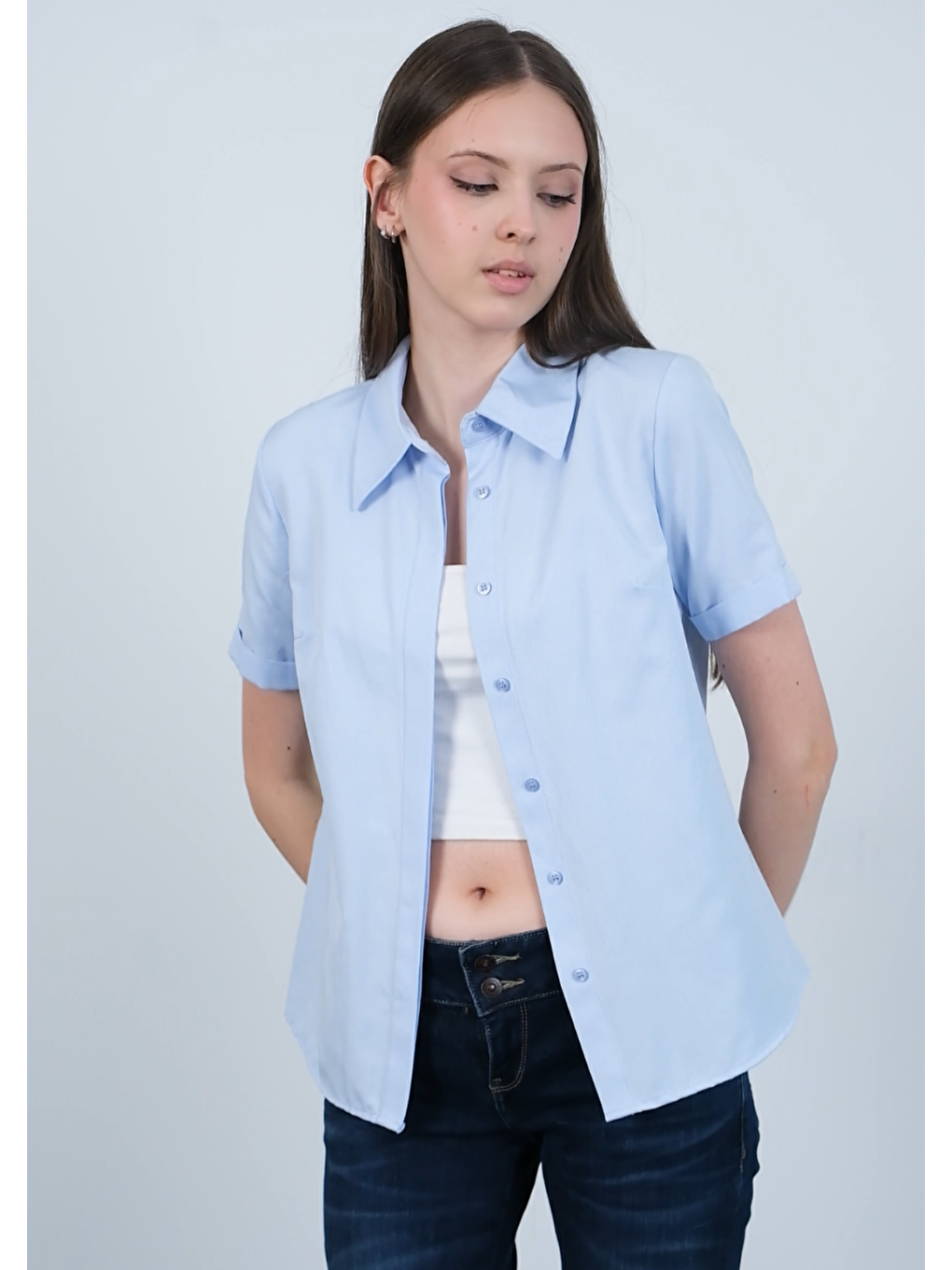 Mavi Poplin Kumaş Kısa Kollu Gizli Düğmeli Gömlek-1