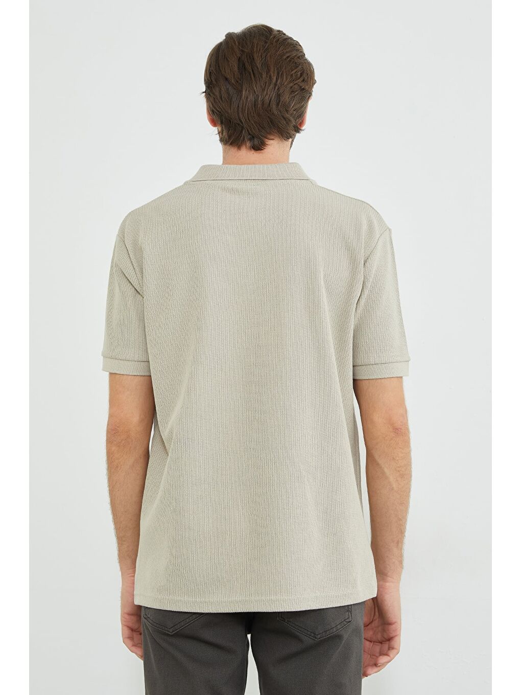 Bej Fitilli Polo Yaka Triko Tişört-4