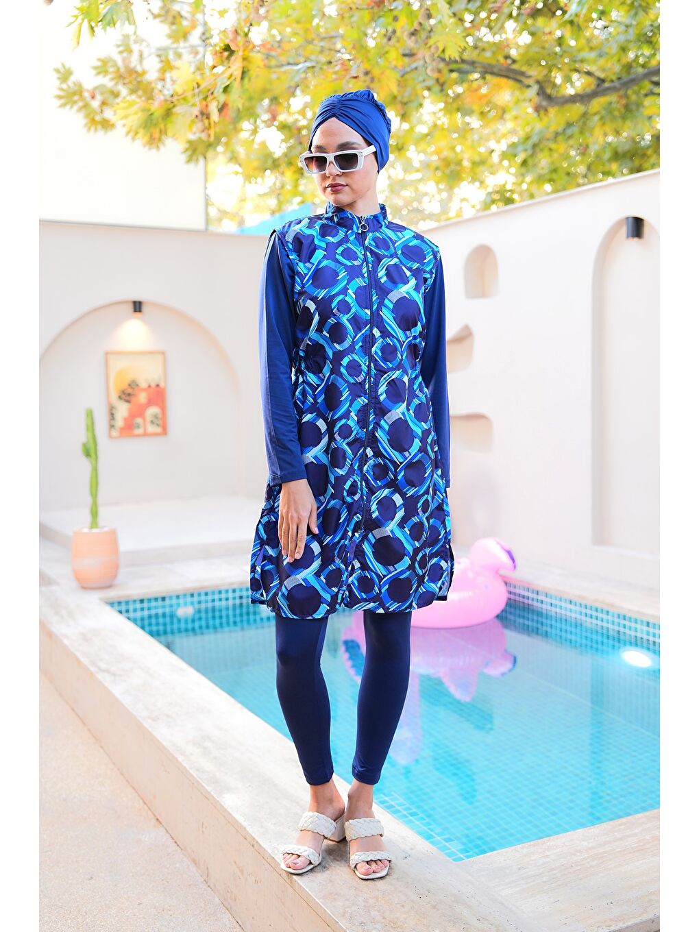 Lacivert Paraşüt Kumaş Fermuarlı Jile Model Taytlı Kapalı Tesettür Mayo 3864