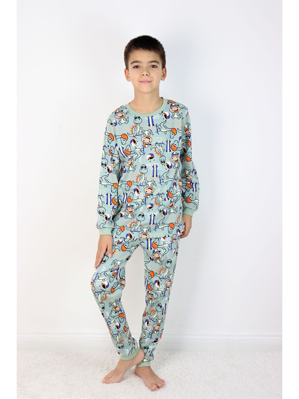 Yeşil Erkek Çocuk Baskılı interlok Kumaş Uzun Kollu Pijama Takımı-4