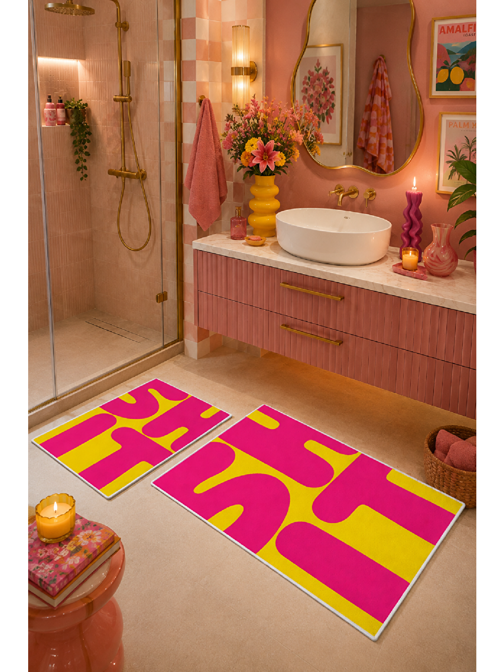 Neon Fuşya Sarı Soyut Tipografik Banyo Paspası 2’li Set-6