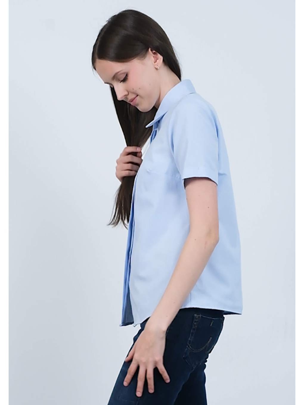 Mavi Poplin Kumaş Kısa Kollu Gizli Düğmeli Gömlek-2