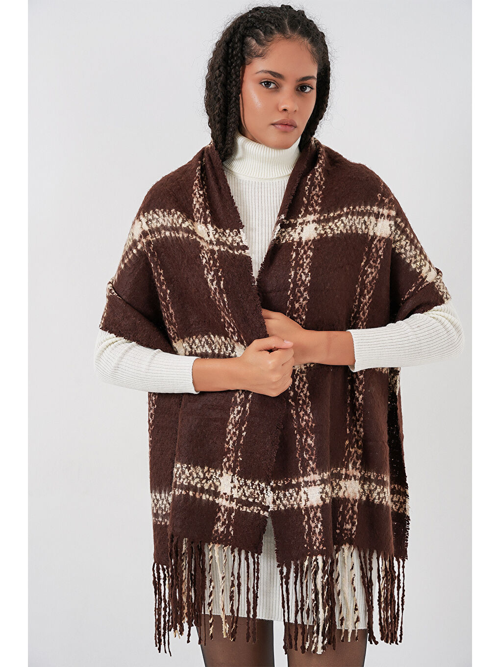 Kadın Yumuşak Dokulu Kalın Şal Atkı 15951 - Kahverengi