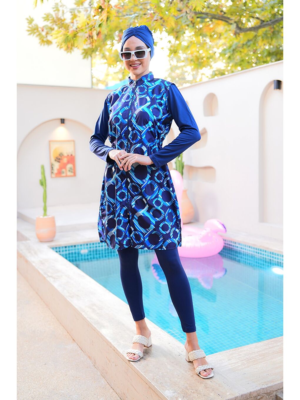 Lacivert Paraşüt Kumaş Fermuarlı Jile Model Taytlı Kapalı Tesettür Mayo 3864-1