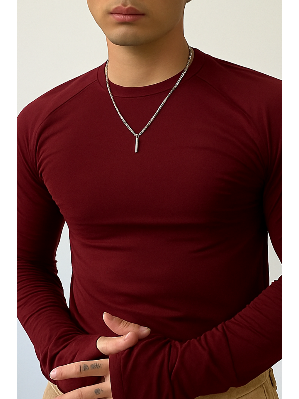 Erkek Bordo Uzun Kollu Basic T-shirt-1