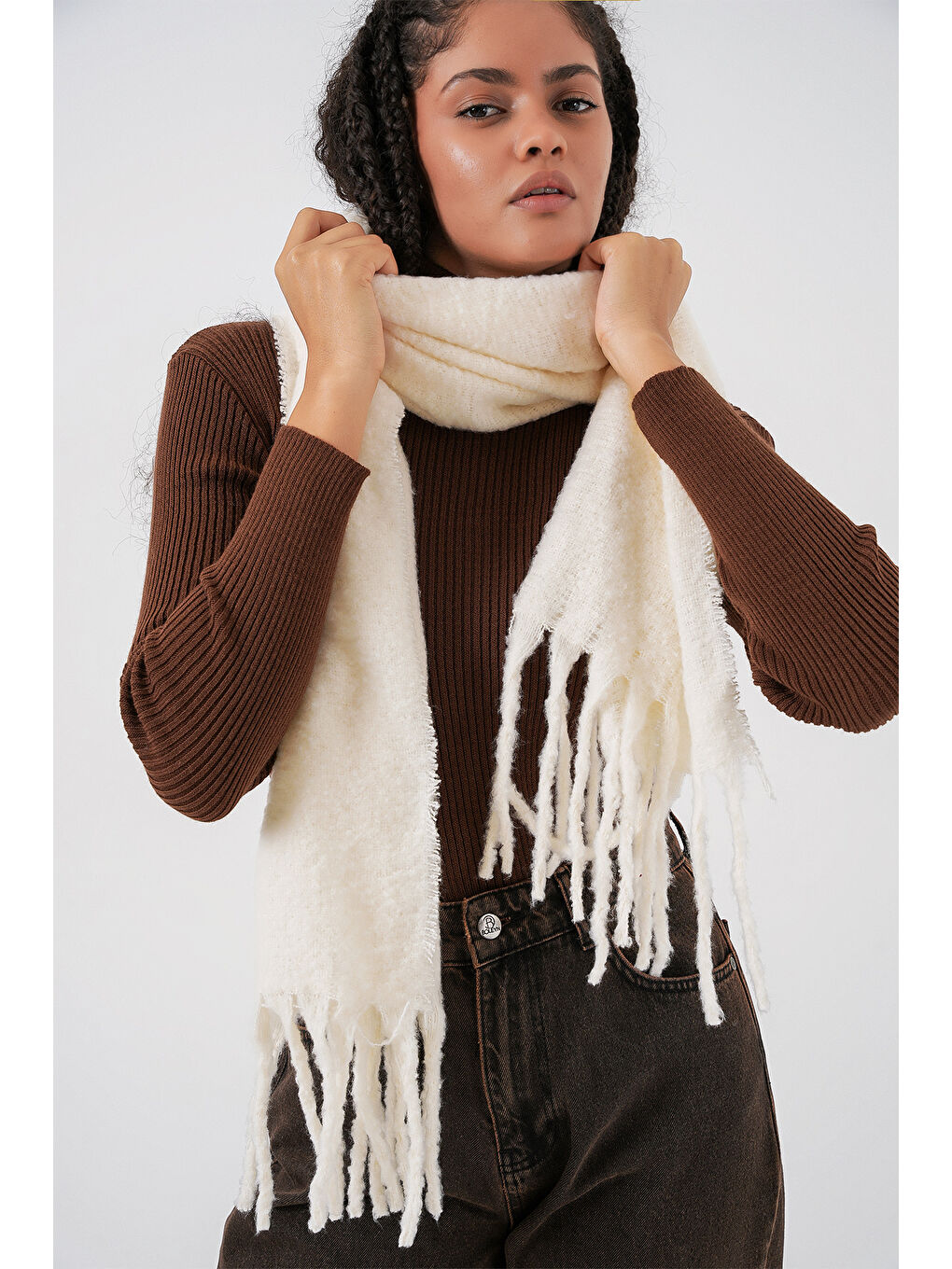 Kadın Yumuşak Dokulu Kalın Şal Atkı 15951 - Ekru-2