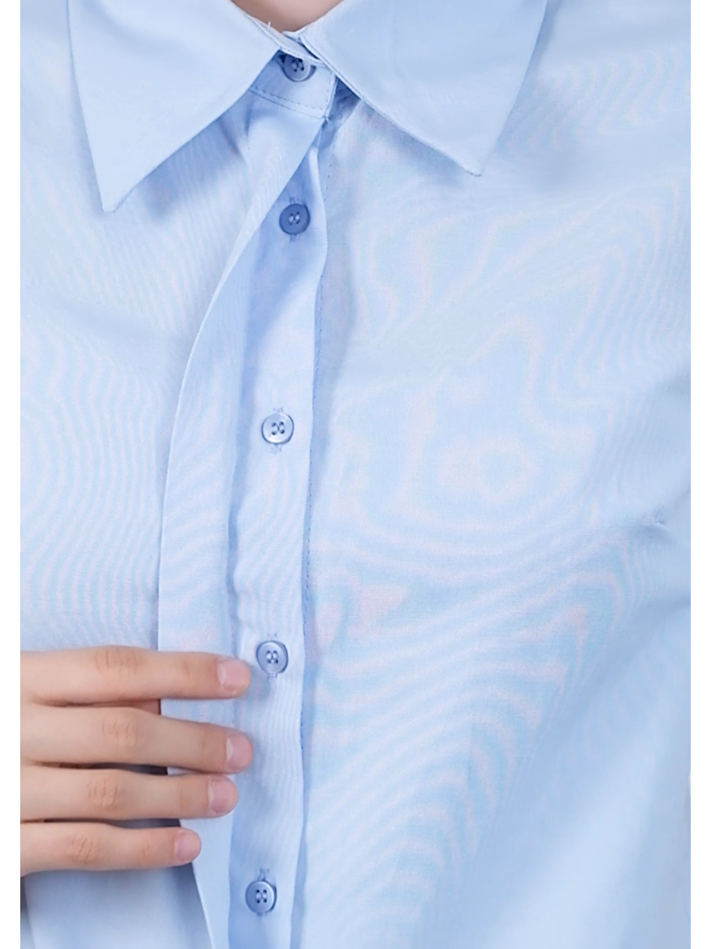 Mavi Poplin Kumaş Kısa Kollu Gizli Düğmeli Gömlek-3