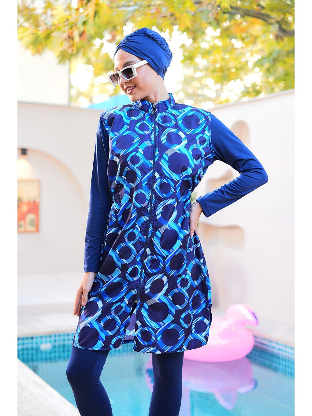 Lacivert Paraşüt Kumaş Fermuarlı Jile Model Taytlı Kapalı Tesettür Mayo 3864-3