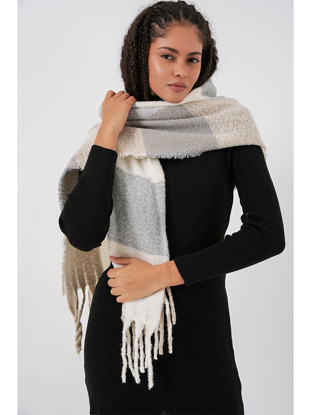 Kadın Yumuşak Dokulu Kalın Şal Atkı 15951 - A.Gri-1