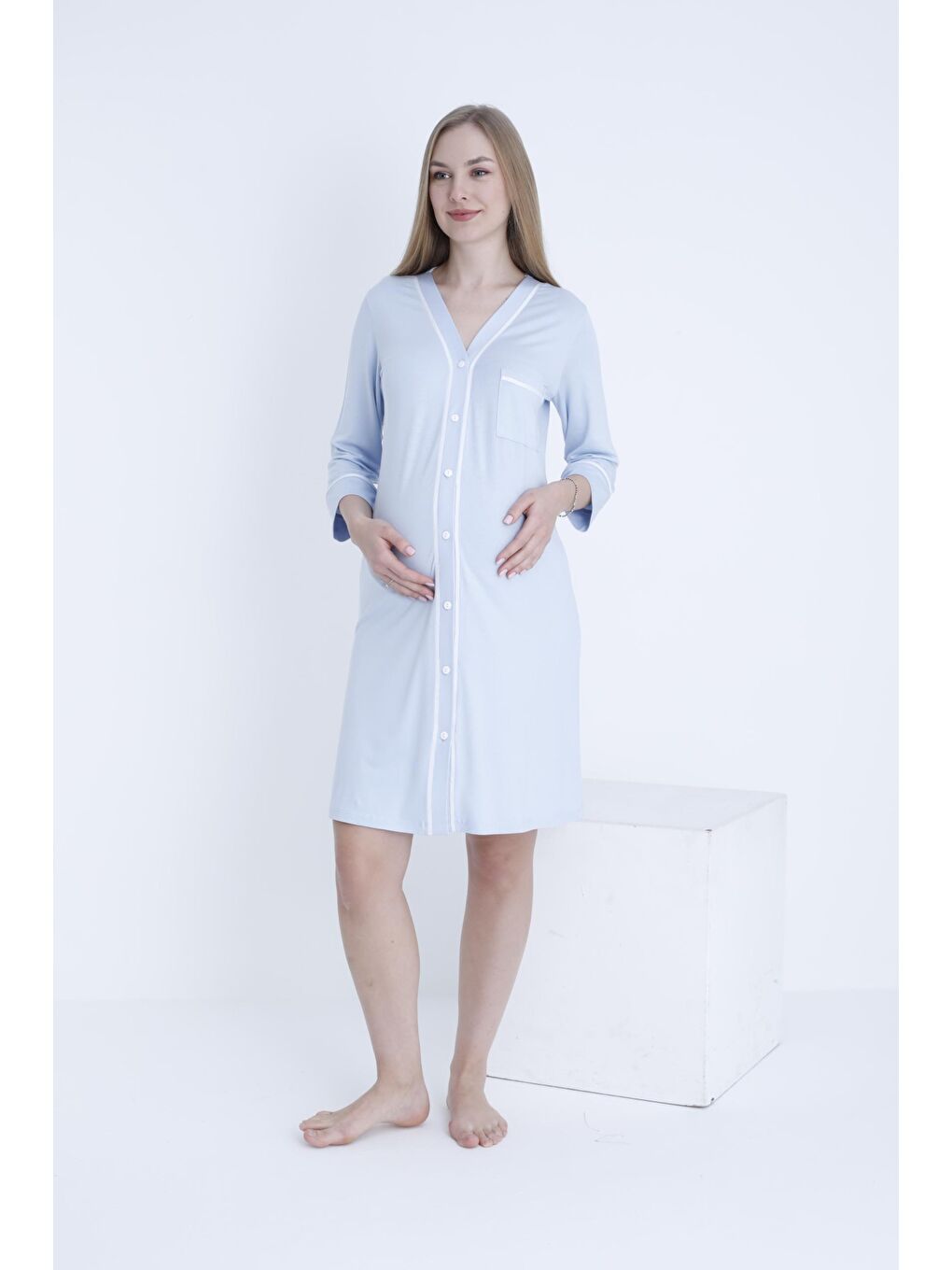 Bebek Mavisi Önden Düğmeli Şerit Detaylı Hamile ve Lohusa Örme Gecelik