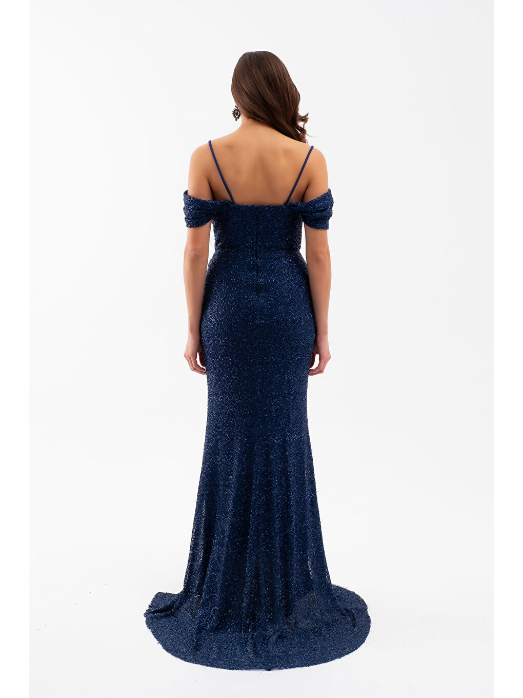 Kadın Lacivert Omuz Dekolteli Boncuklu Uzun Abiye Elbise-5