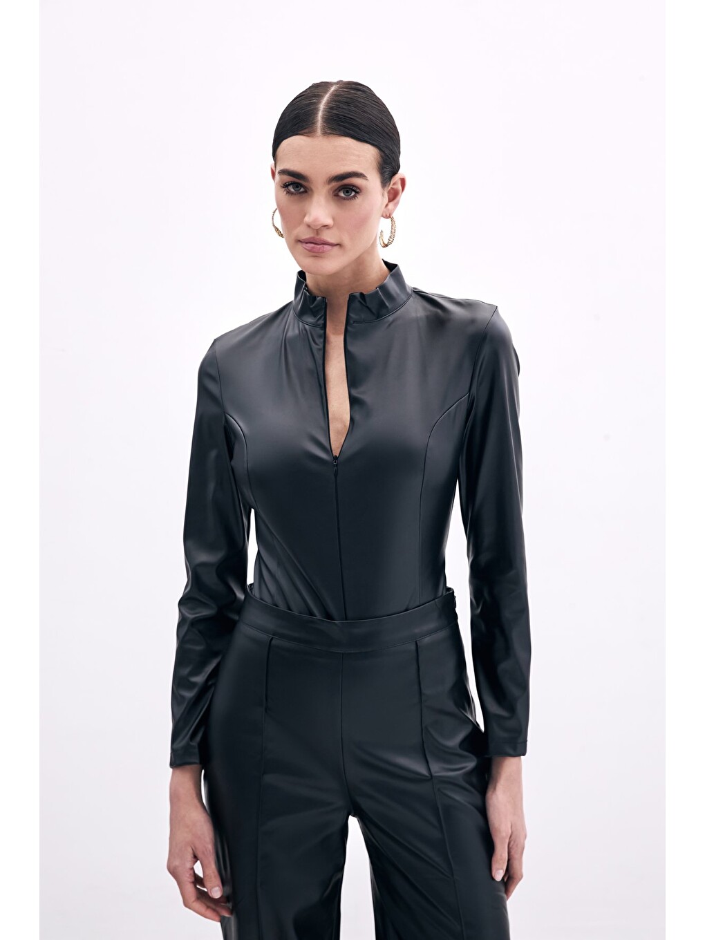 Fermuarlı Deri Bodysuit - Siyah