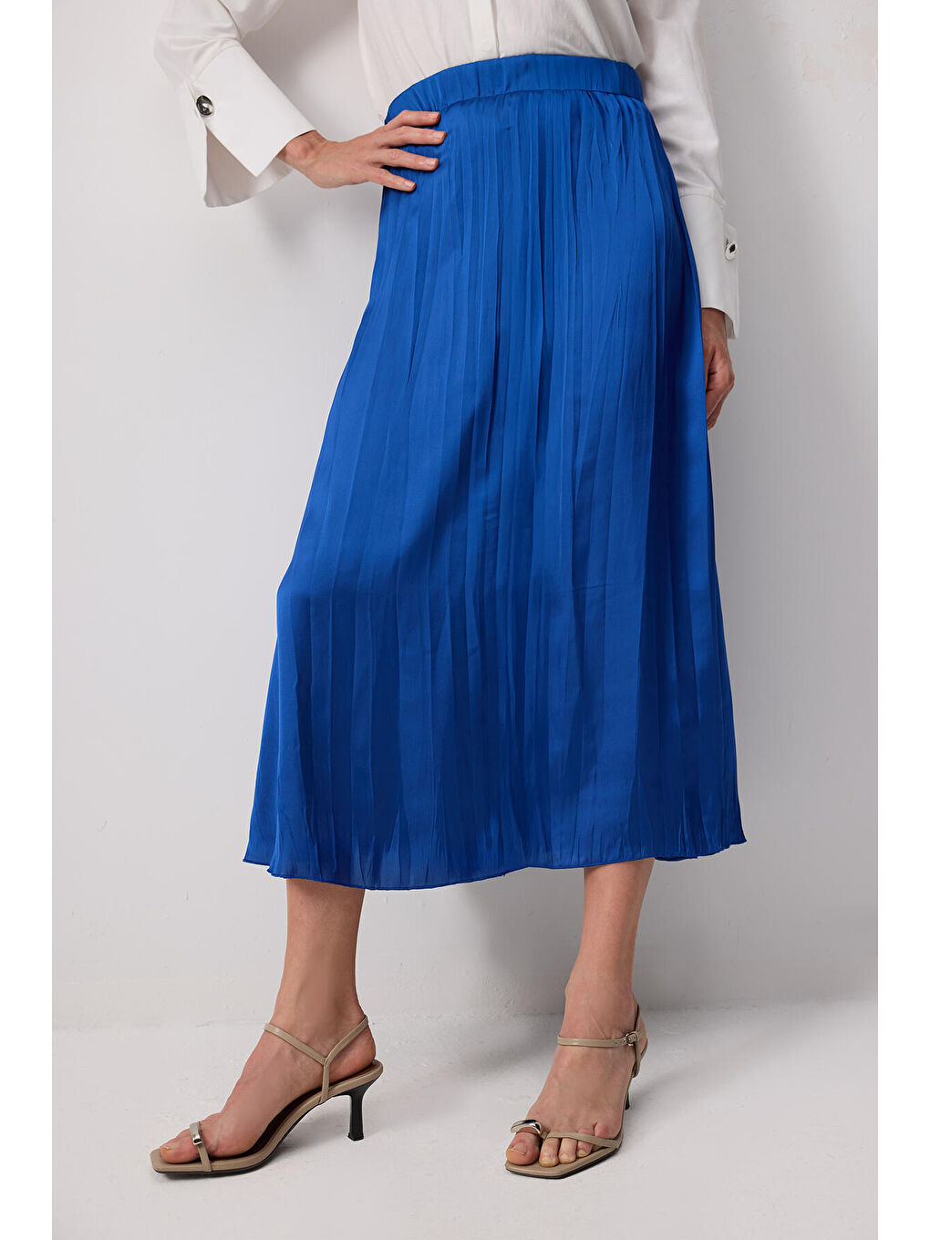 Mavi Crushlı Saten Etek-1