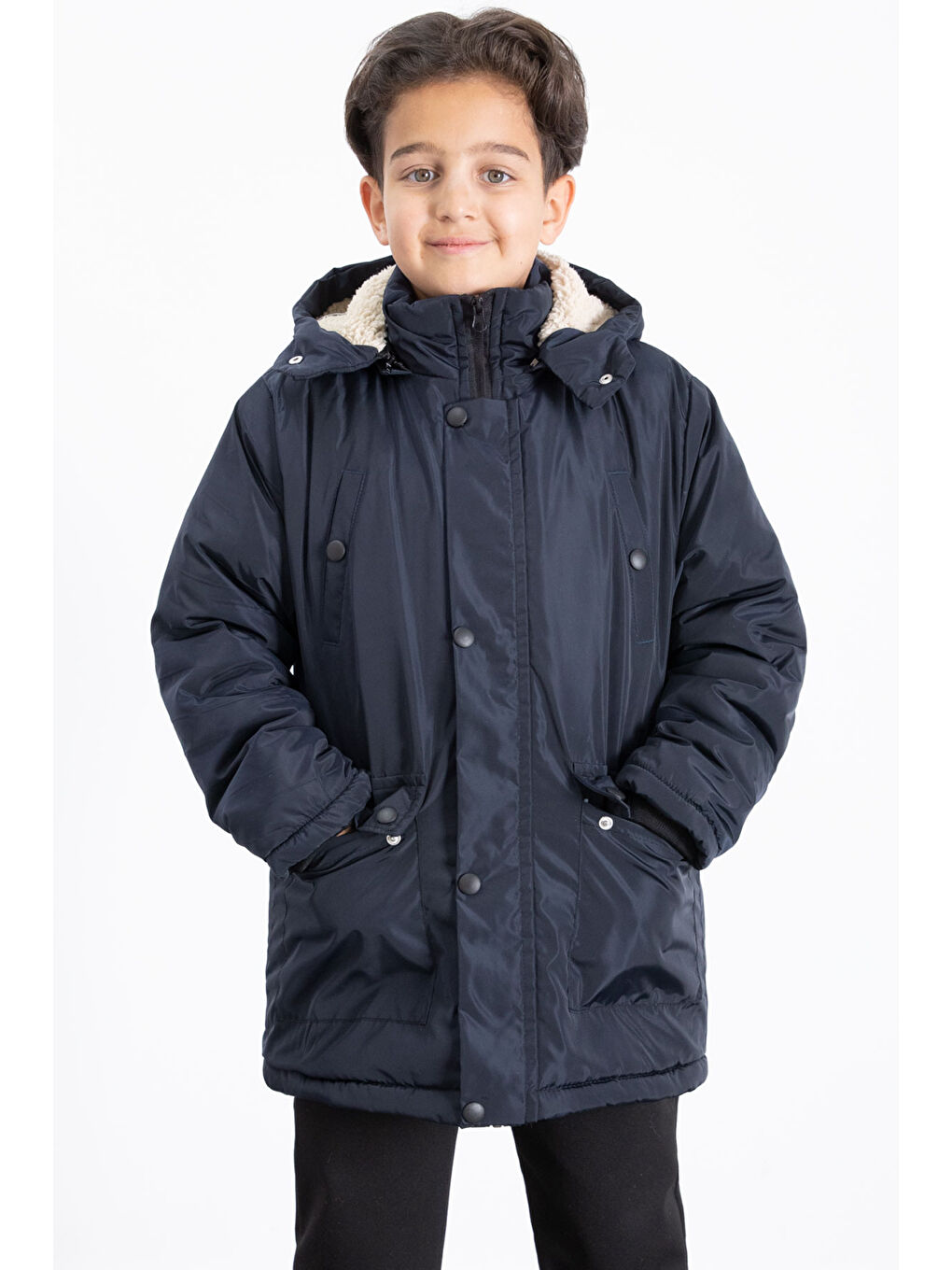 Lacivert İçi Kürklü Çıkarılabilir Kapüşonlu Basic Erkek Çocuk Şişme Mont 21436-3