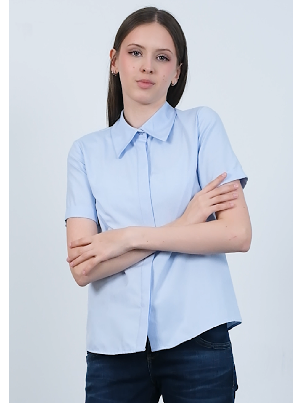 Mavi Poplin Kumaş Kısa Kollu Gizli Düğmeli Gömlek-4