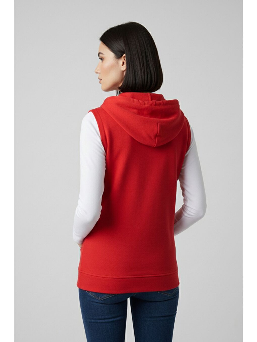 Kırmızı Kadın Sıfır Kol Kapüşonlu Hırka ve Uzun Kollu Tişört Takımı-4